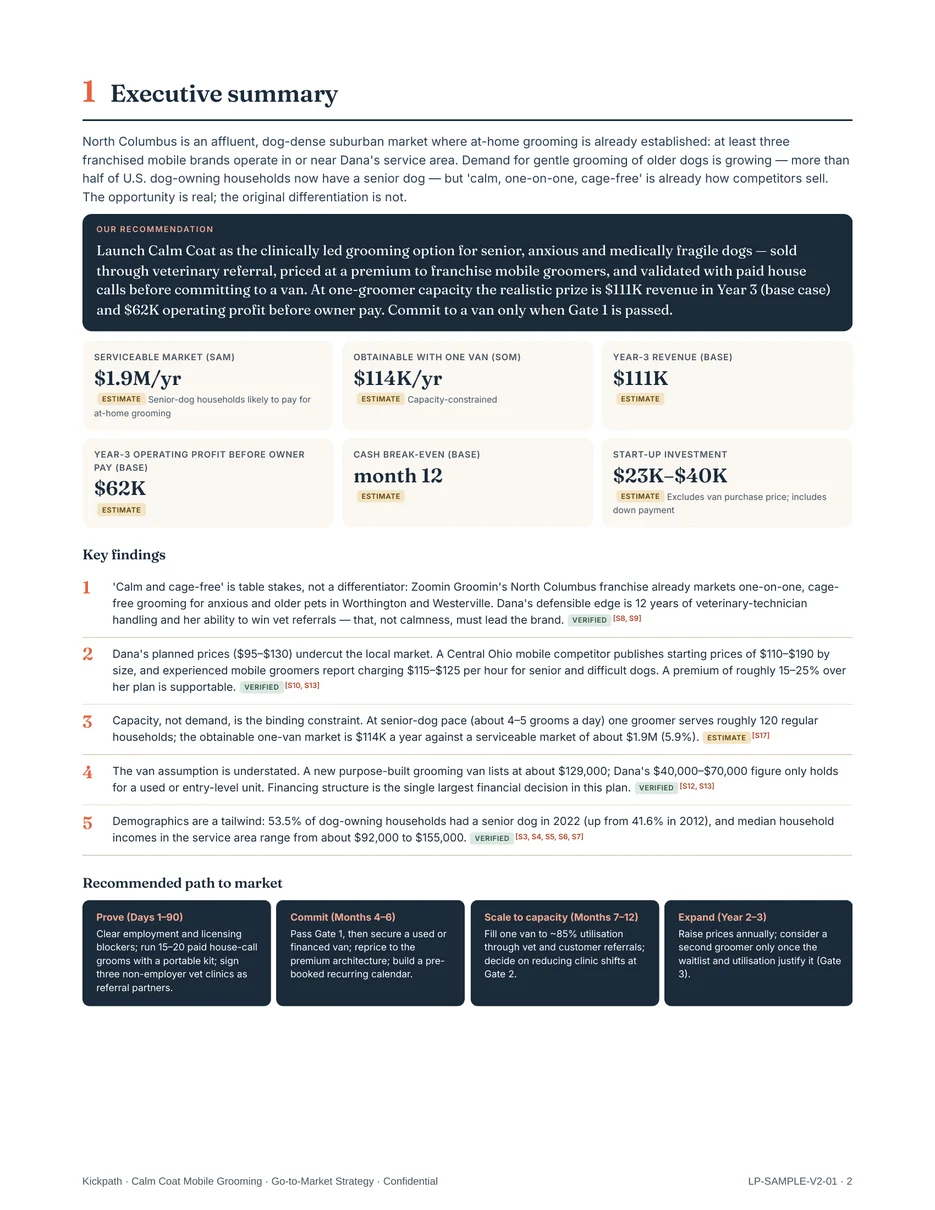 Sample report page: executive summary with headline metrics
